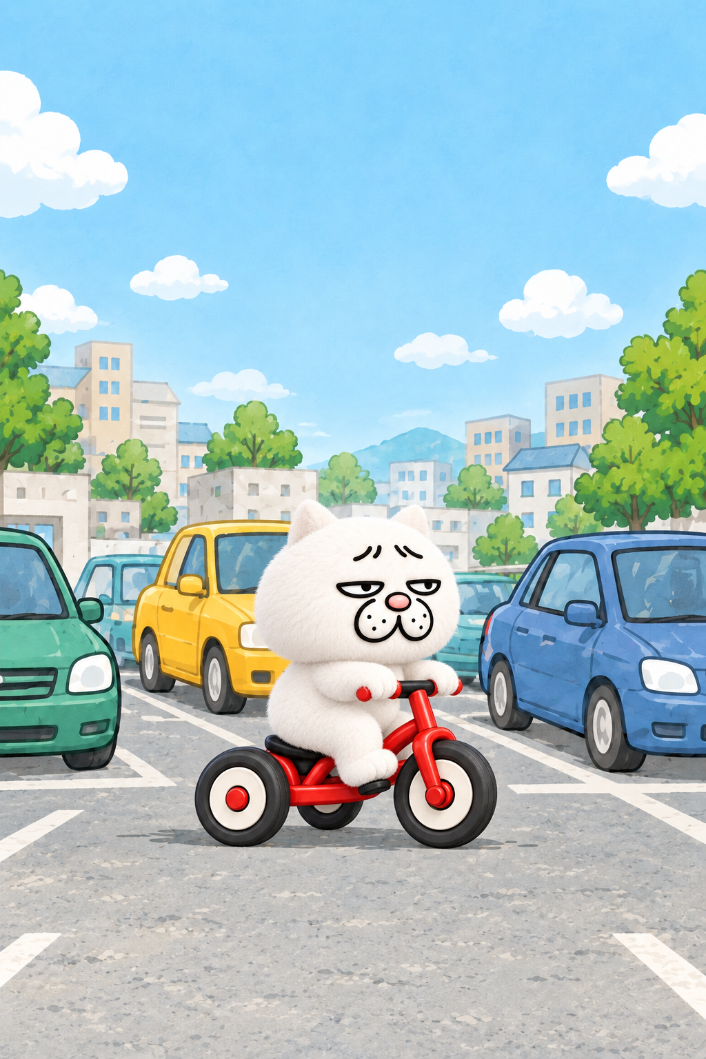 青空の駐車場で赤い三輪車に乗るウザ猫